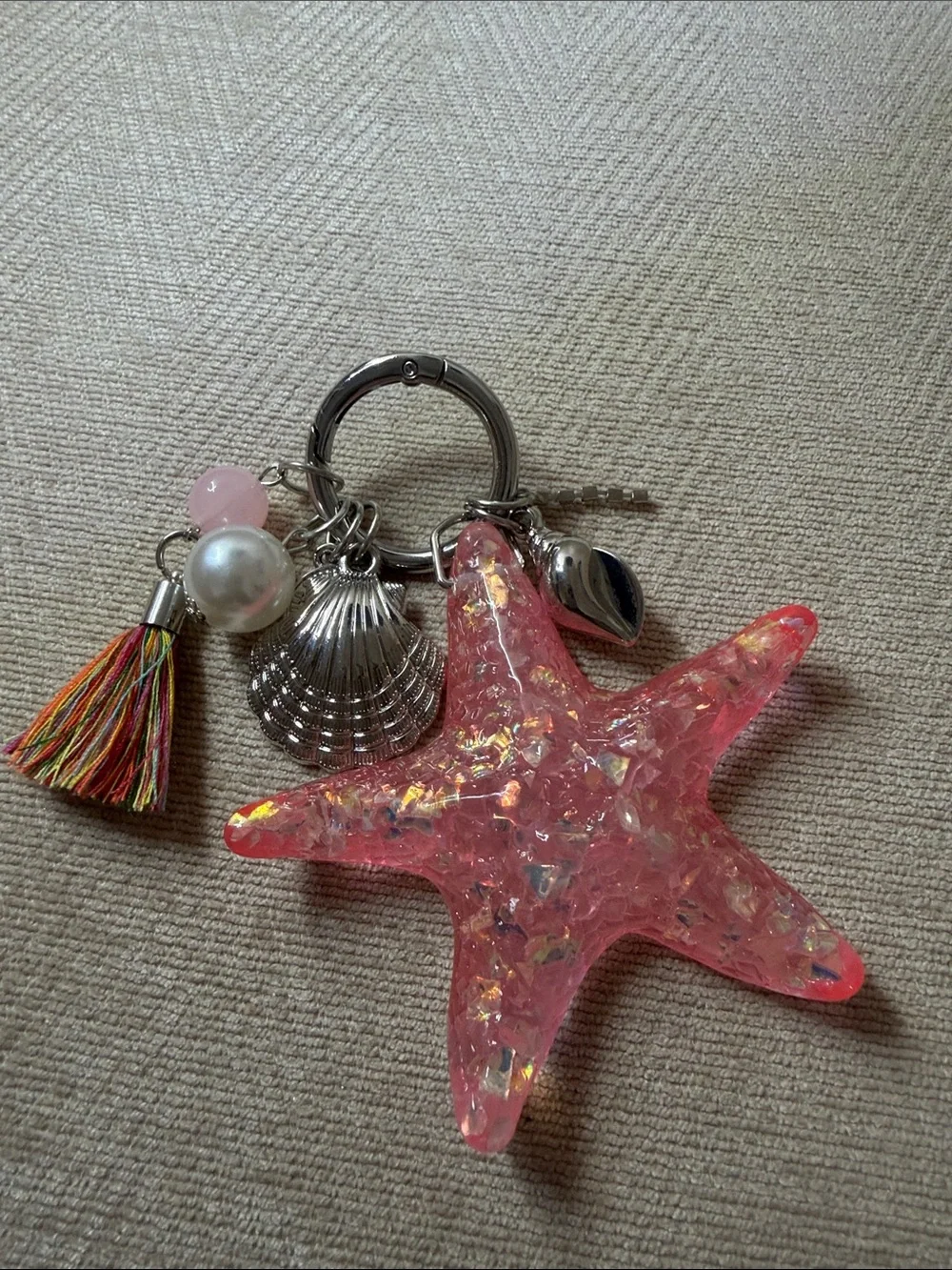 Pink Iridescent Starfish bag charm with Shell Charms